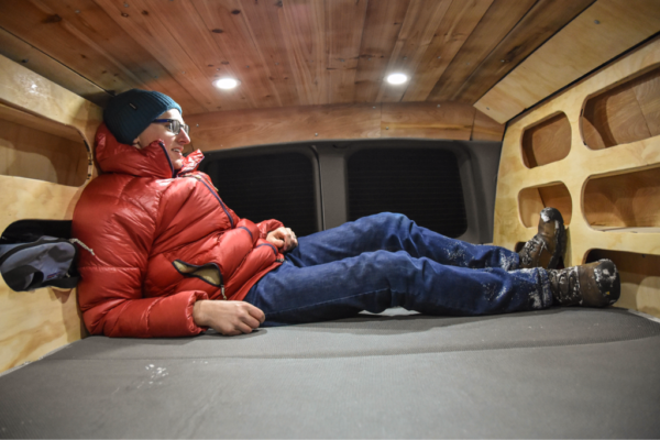 Grady demoing the sleeping area