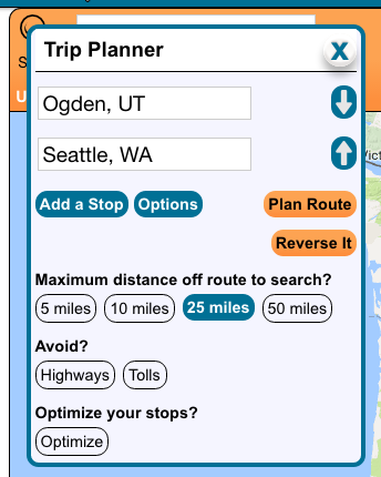 FreeCampsites.net trip planner