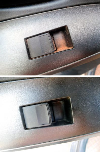Top: Sandy gunk in the electric window controller button. Bottom: No sandy gunk down there after dusting it out.