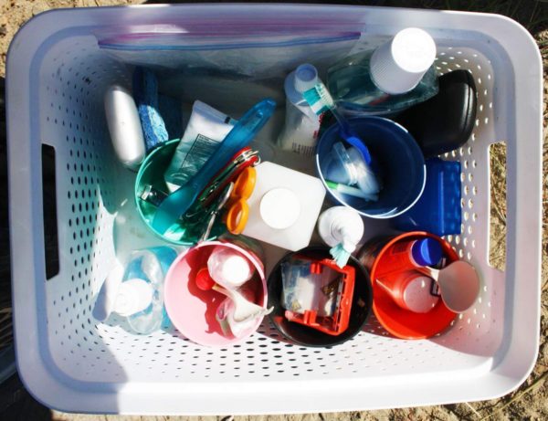 Medicine man: I pack my health-related items in a small tub which I store in the front seat on top of the office tub. Use cups to compartmentalize small items so your medicine chest doesn’t turn into a tossed salad of toiletries.