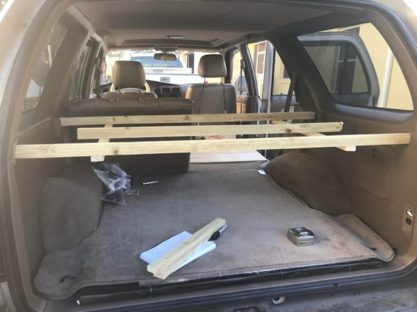 Storage shelf build in the back of a 1998 Toyota 4Runner